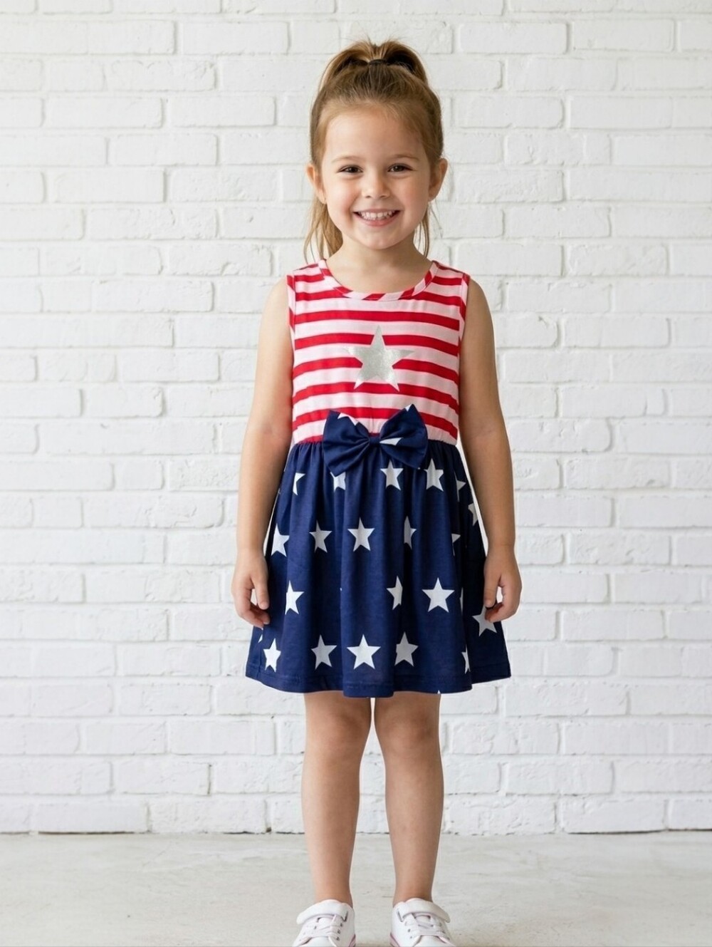 Girls Patriotic 4th of July Dress Stars and Stripes Summer Sundress with Bow